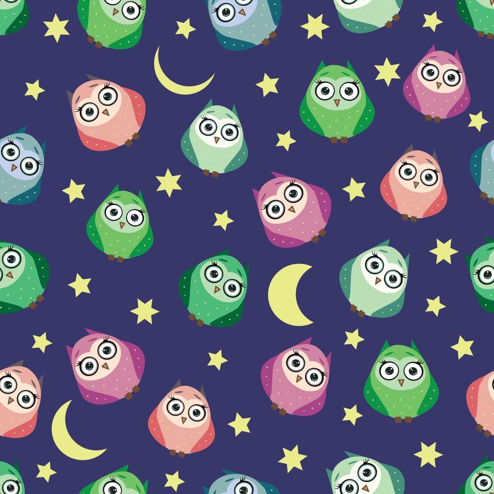 mignonne multicolore chouettes à nuit avec étoiles, des nuages et lune. sans couture modèle dans dessin animé style, puéril sans couture modèle, nouveau née. vecteur