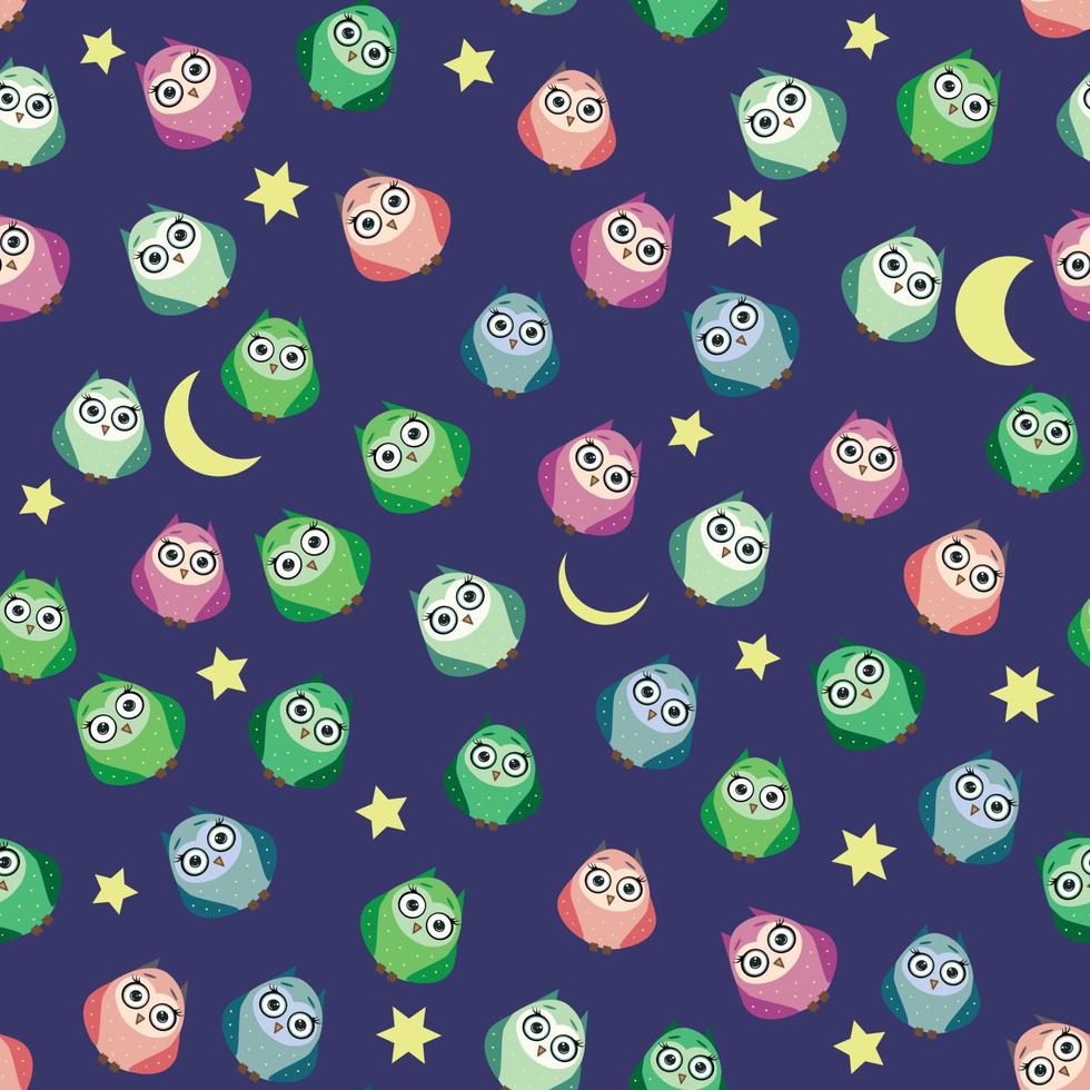 mignonne multicolore chouettes à nuit avec étoiles, des nuages et lune. sans couture modèle dans dessin animé style, puéril sans couture modèle, nouveau née. vecteur