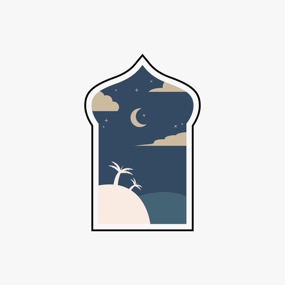 Ramadan eid mubarak Publier art avec boho cambre. moderne islamique modèle. carte avec arabe mosquée tours et lune. religieux vacances. nuit paysage vecteur