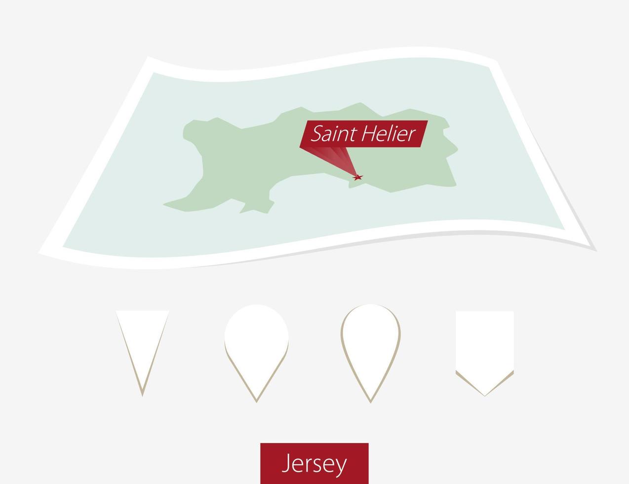 incurvé papier carte de Jersey avec Capitale Saint hélier sur gris Contexte. quatre différent carte épingle ensemble. vecteur