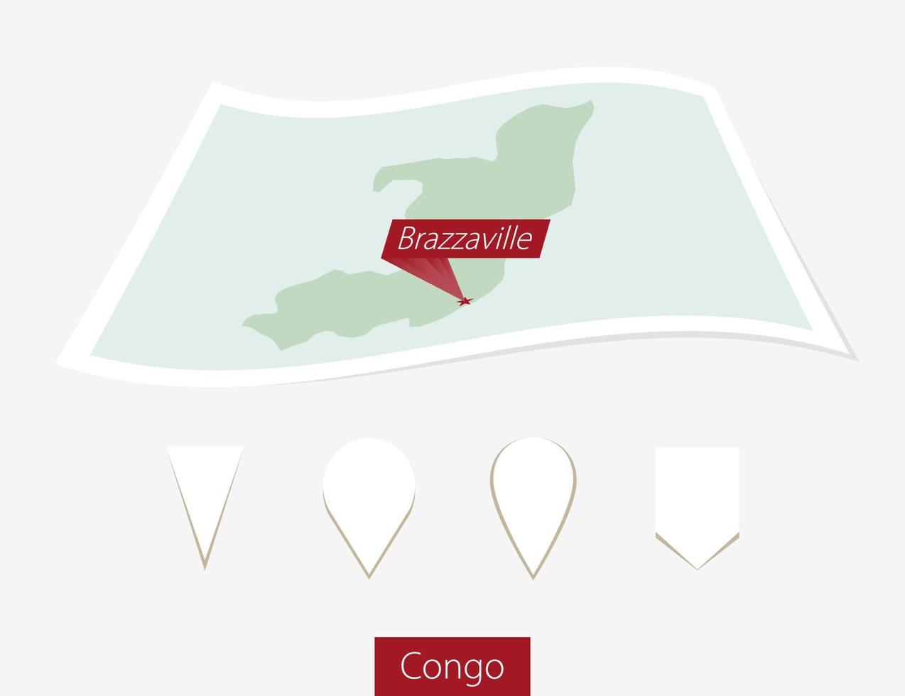 incurvé papier carte de Congo avec Capitale Brazzaville sur gris Contexte. quatre différent carte épingle ensemble. vecteur