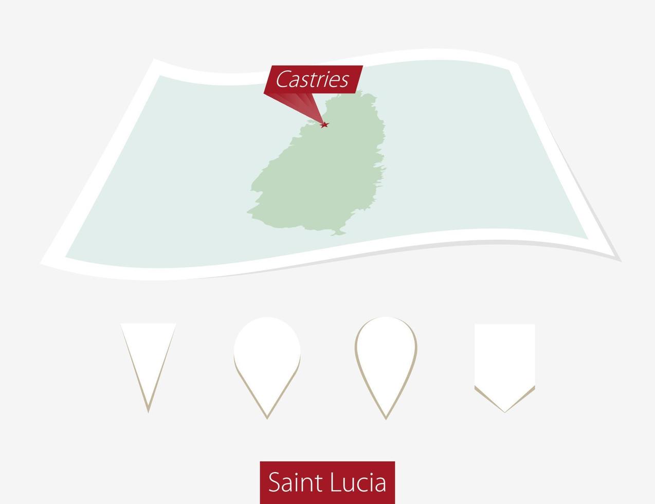 incurvé papier carte de Saint lucia avec Capitale castries sur gris Contexte. quatre différent carte épingle ensemble. vecteur