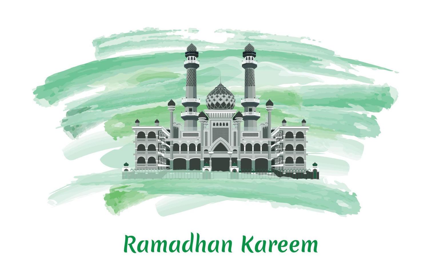 ramadhan kareem salutation Bienvenue le saint mois de ramadhan avec masjid agung Jamik malang vecteur illustration, isolé sur vert artistique aquarelle La peinture brosse Contexte.