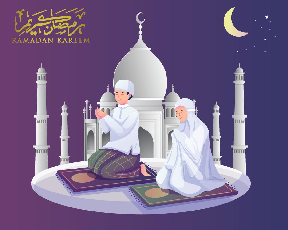 musulman couple homme et le sien épouse sont prier ensemble sur le nuit de Ramadan Karim. musulman gens effectuer taraweeh prière dans congrégation pendant Ramadan vecteur