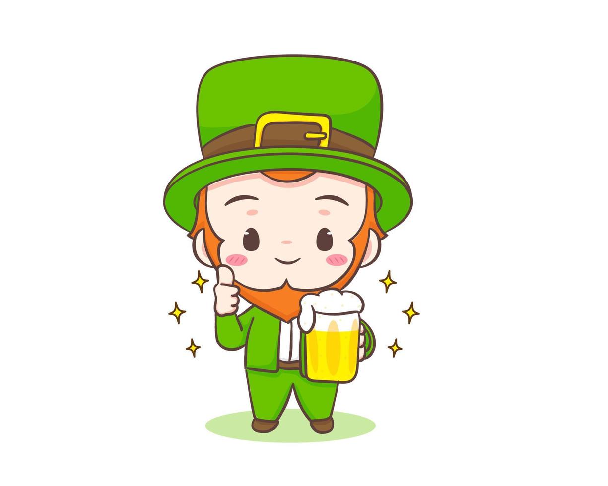 mignonne adorable lutin dessin animé en portant Bière et montrant pouce en haut. main tiré chibi personnage. content Saint patrick's journée concept conception. isolé blanc Contexte. vecteur art illustration.