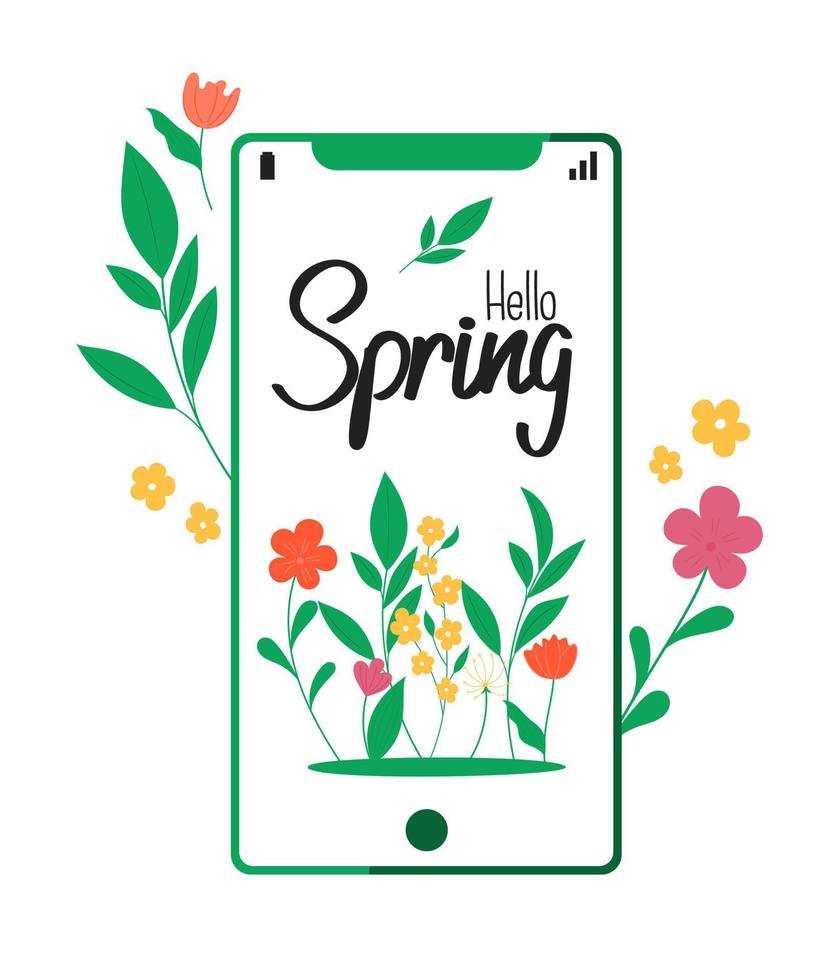 printemps est venu. fleurs dans le téléphone. printemps caractères. printemps vente signe. printemps carte. vecteur