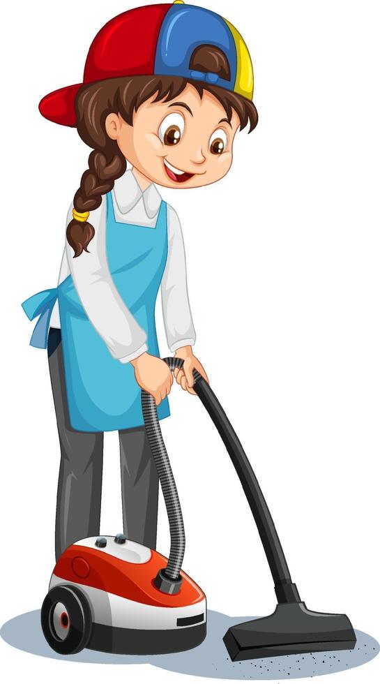 Personnage de dessin animé de femme de chambre en uniforme à l'aide d'un aspirateur vecteur
