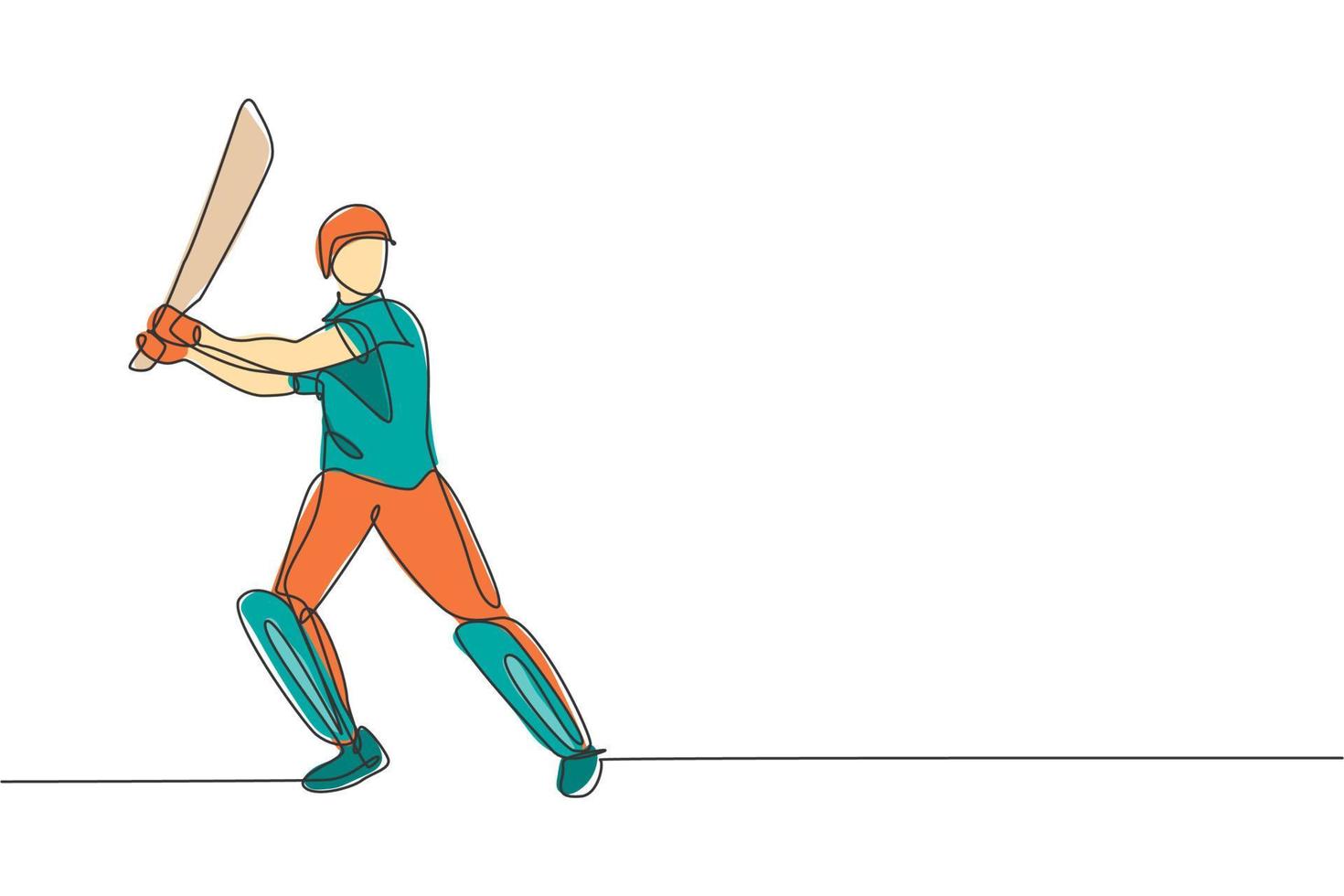 un dessin en ligne continu de la position du joueur de cricket jeune femme heureuse debout pour frapper l'illustration vectorielle de balle. concept de sport de compétition. conception dynamique de dessin à une seule ligne pour affiche publicitaire vecteur