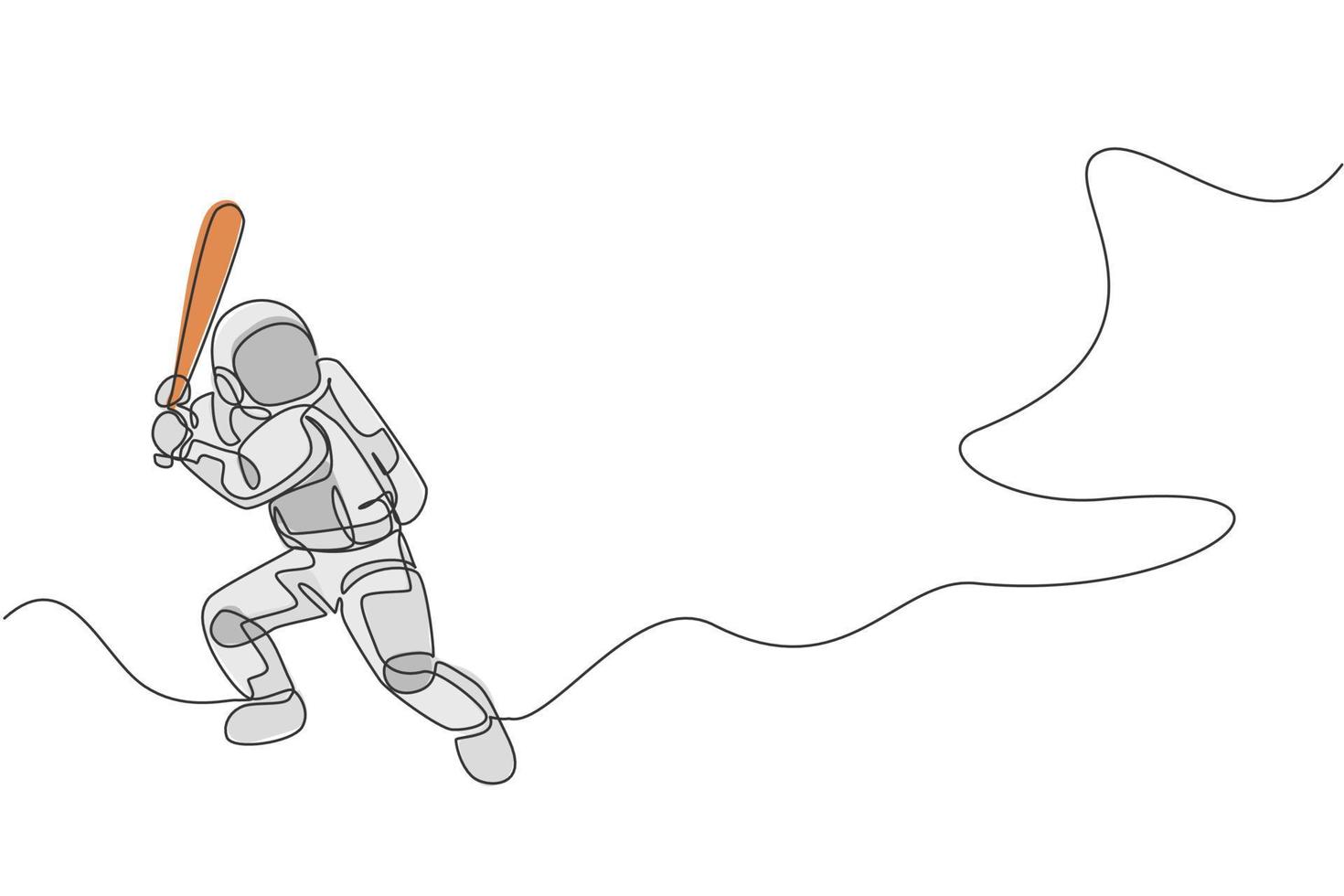 un dessin au trait continu d'un astronaute jouant au baseball dans une galaxie de l'espace lointain. concept de sport de remise en forme sain spaceman. illustration vectorielle de dessin graphique à une seule ligne dynamique vecteur