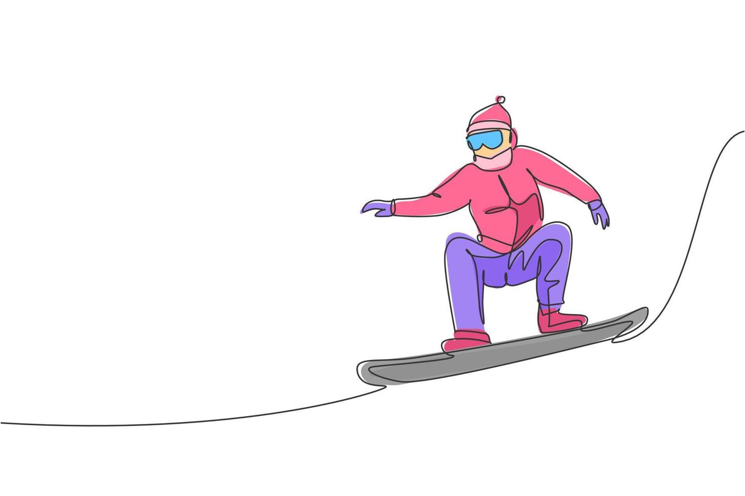 dessin au trait continu unique d'un jeune homme de snowboarder sportif sautant en snowboard à la montagne. sport extrême en plein air. concept de vacances d'hiver. illustration vectorielle de conception de dessin à la mode une ligne vecteur