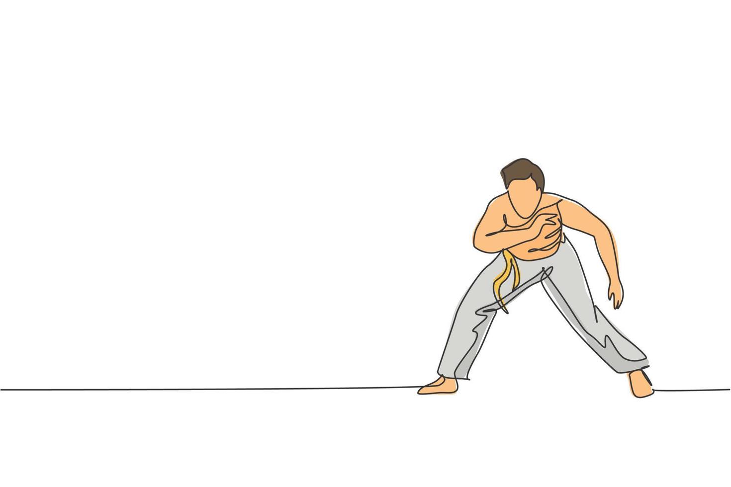 un seul dessin au trait d'un jeune homme énergique danseur de capoeira effectuer une illustration graphique vectorielle de combat de danse. concept de sport de style de vie d'art martial traditionnel. conception moderne de dessin en ligne continue vecteur