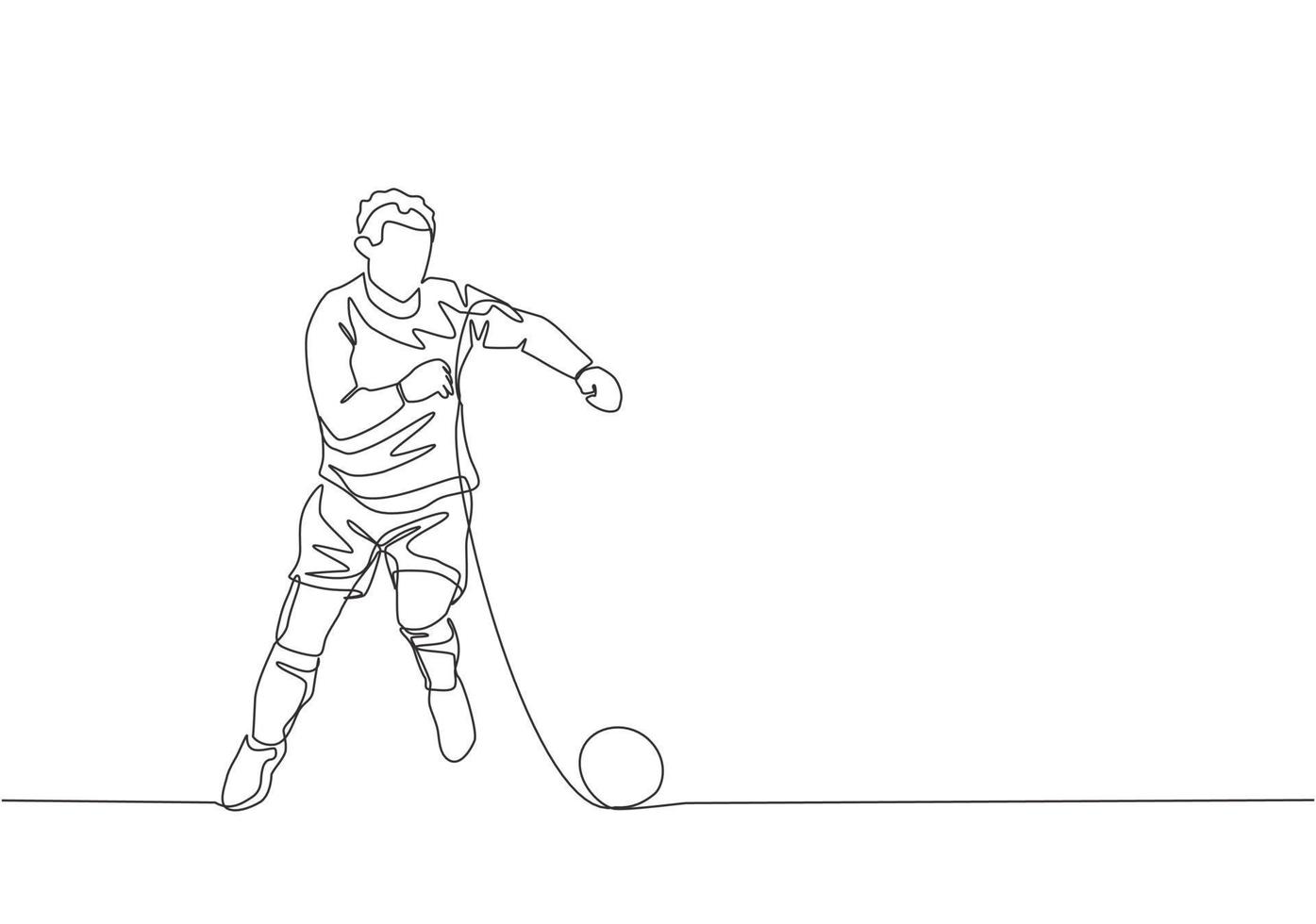 un Célibataire ligne dessin de Jeune Football joueur avec longue manche chemise dribble le Balle à formation session. football rencontre des sports concept. continu ligne dessiner conception vecteur illustration