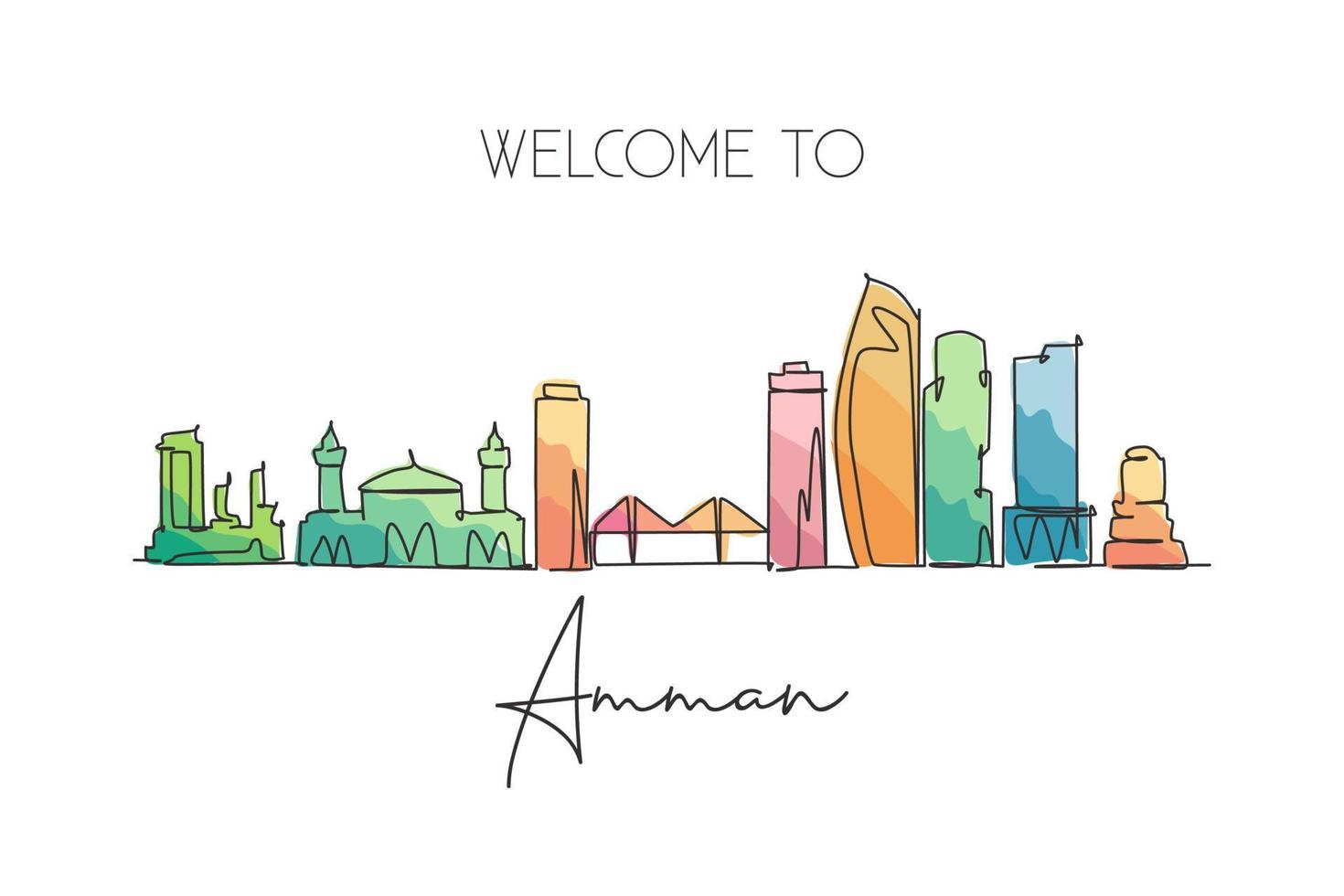 un seul dessin au trait des toits de la ville d'amman, en jordanie. paysage de ville historique dans le monde. meilleure destination de vacances. trait modifiable ligne continue à la mode dessiner illustration vectorielle graphique de conception vecteur