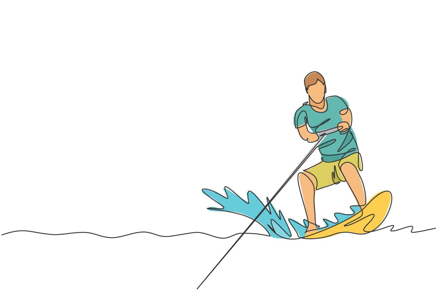 un dessin en ligne continu d'un jeune homme énergique amusant jouer au wakeboard dans l'océan de la mer. concept de sport de mode de vie sain. bonnes vacances touristiques. illustration vectorielle de dessin dynamique à une seule ligne vecteur