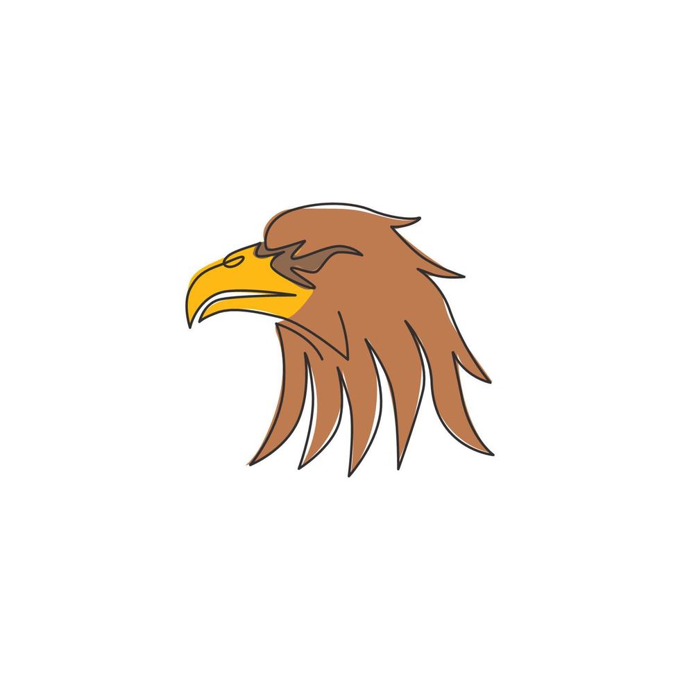 dessin au trait continu unique de la tête d'aigle héroïque pour l'identité du logo de l'équipe e-sport. concept de mascotte oiseau faucon pour icône de cimetière. illustration de conception de dessin vectoriel graphique moderne d'une ligne