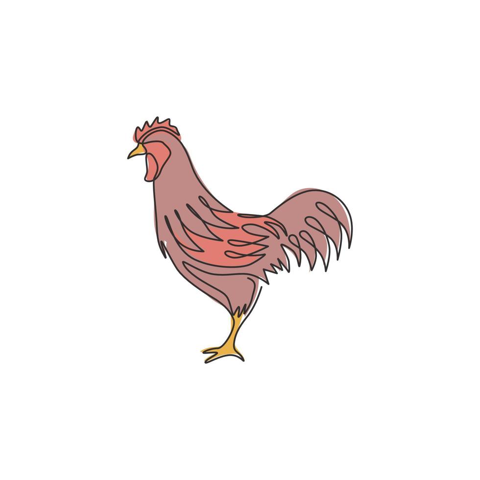 un seul dessin d'animal coq pour l'identité du logo de l'entreprise. concept de mascotte d'oiseau de coq pour l'icône de l'agriculture. ligne continue à la mode dessiner illustration de conception graphique vectorielle vecteur