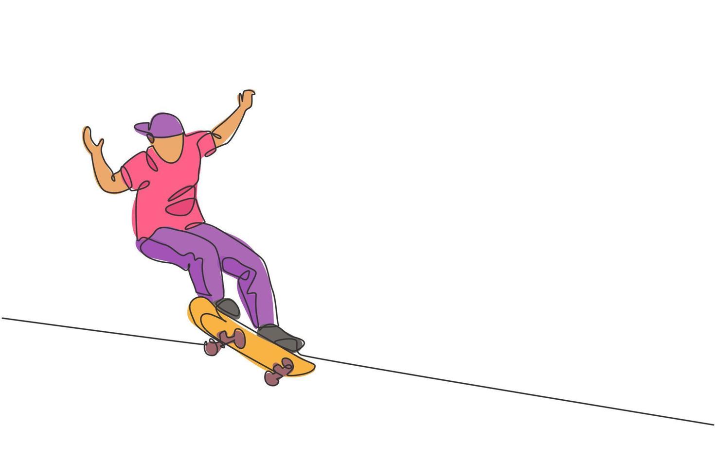 dessin en ligne continue d'un jeune skateur cool faisant du skate et exécutant un tour de saut dans le skate park. pratiquer le concept de sport en plein air. illustration vectorielle de conception de dessin à une ligne à la mode vecteur