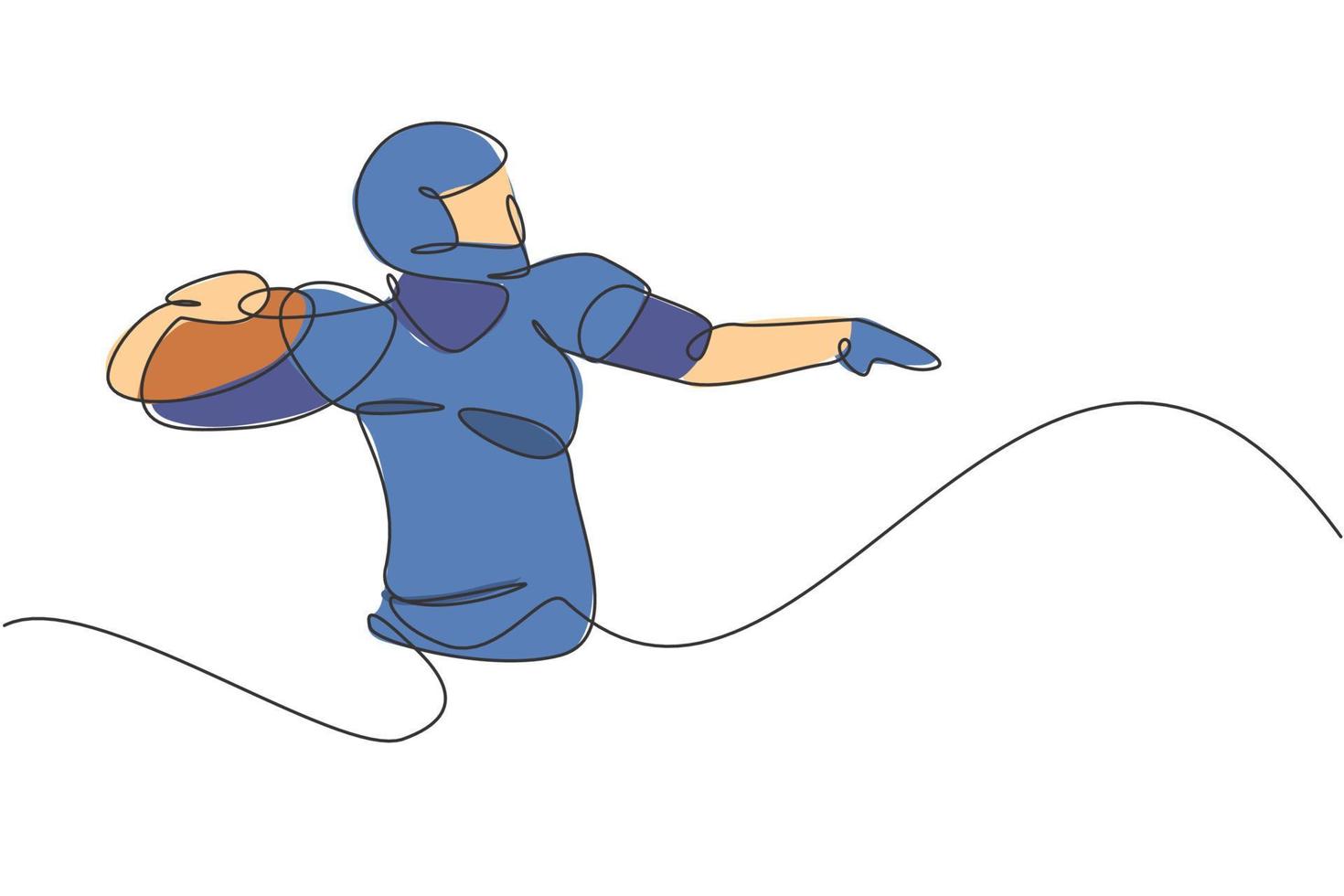 une ligne continue dessinant un jeune joueur de football américain puissant posant pour passer le ballon pour l'affiche de la compétition. concept de travail d'équipe sportive. illustration vectorielle graphique de conception de dessin à une seule ligne dynamique vecteur