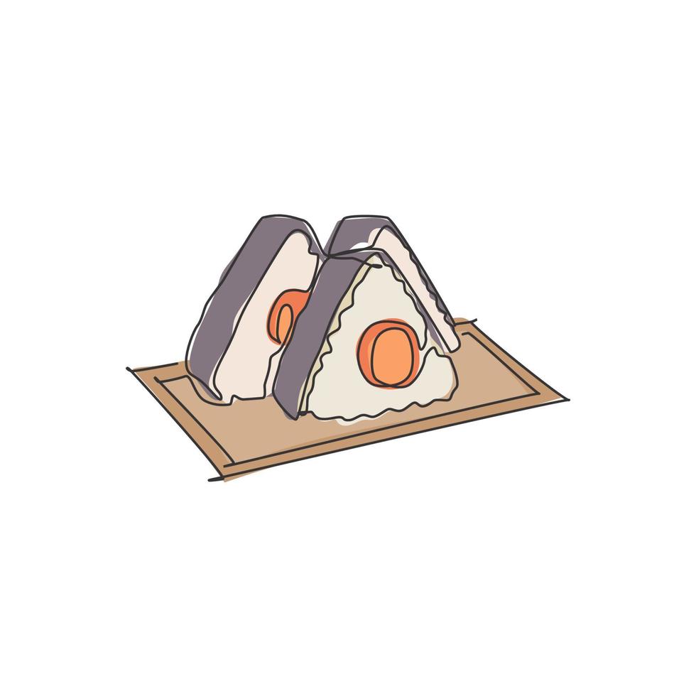 dessin en ligne continue unique de l'étiquette stylisée du logo onigiri japonais. concept de restaurant de sushi de fruits de mer emblème. illustration vectorielle de conception de dessin à une ligne moderne pour un café, un magasin ou un service de livraison de nourriture vecteur