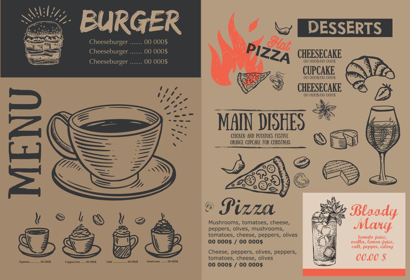 adobe illustrateur oeuvrepizza nourriture menu, restaurant, café, modèle conception. main tiré illustrations, nourriture prospectus. vecteur