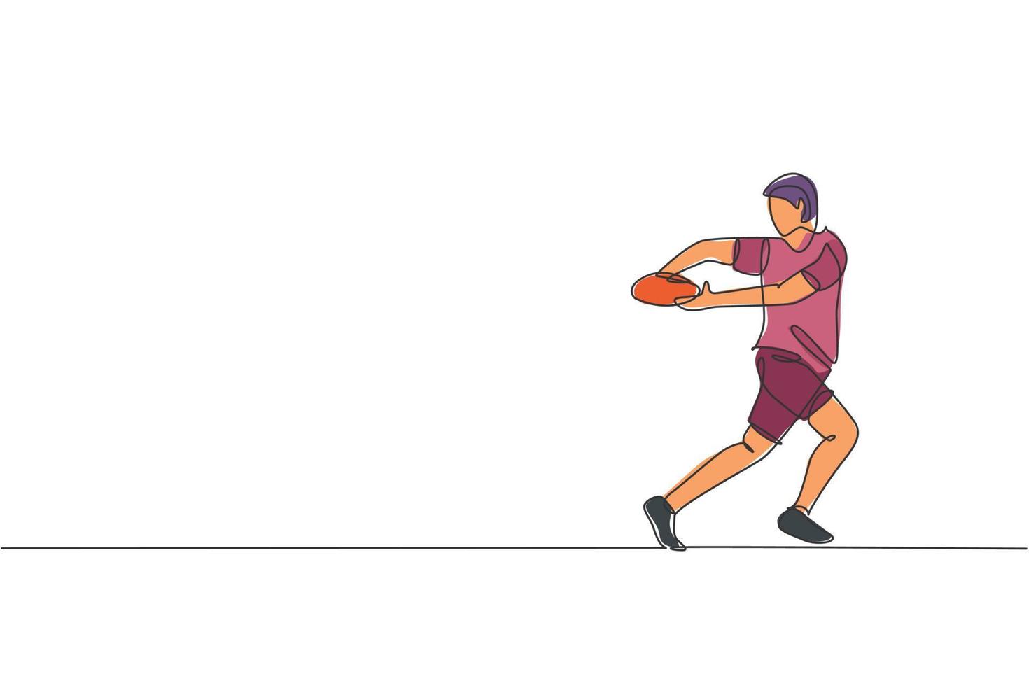 un dessin en ligne continu d'un jeune joueur de rugby masculin attrape le ballon. concept de sport agressif compétitif. illustration vectorielle dynamique de conception de dessin à une seule ligne pour les médias de promotion du tournoi de rugby vecteur