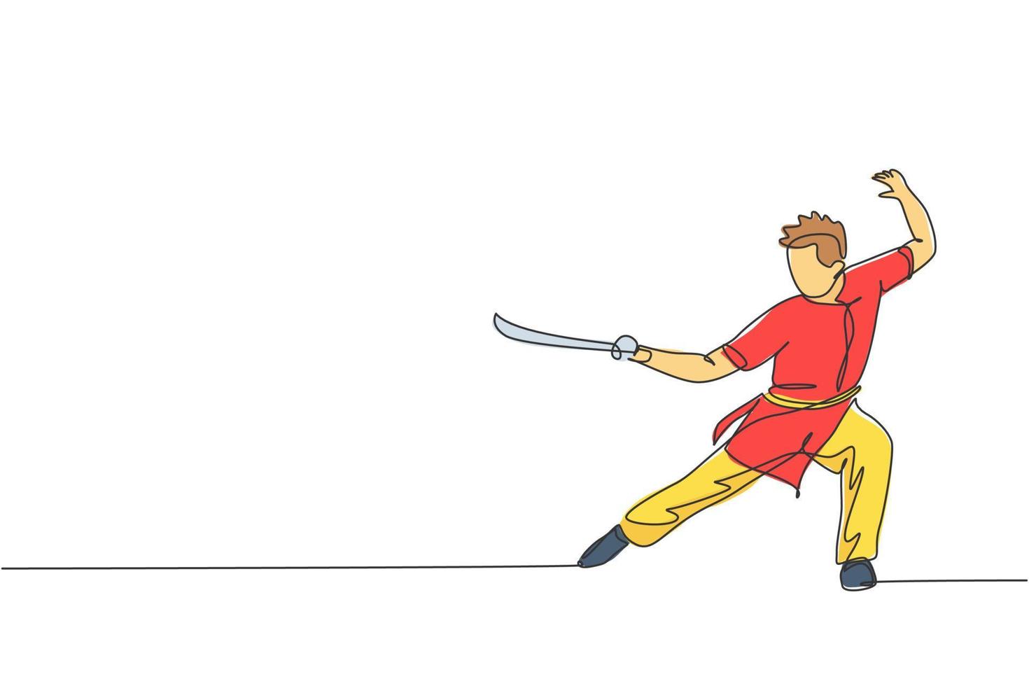 un dessin en ligne continu d'un jeune maître wushu, guerrier kung fu en kimono avec épée à l'entraînement. concept de concours de sport d'arts martiaux. illustration vectorielle graphique de conception de dessin à une seule ligne dynamique vecteur