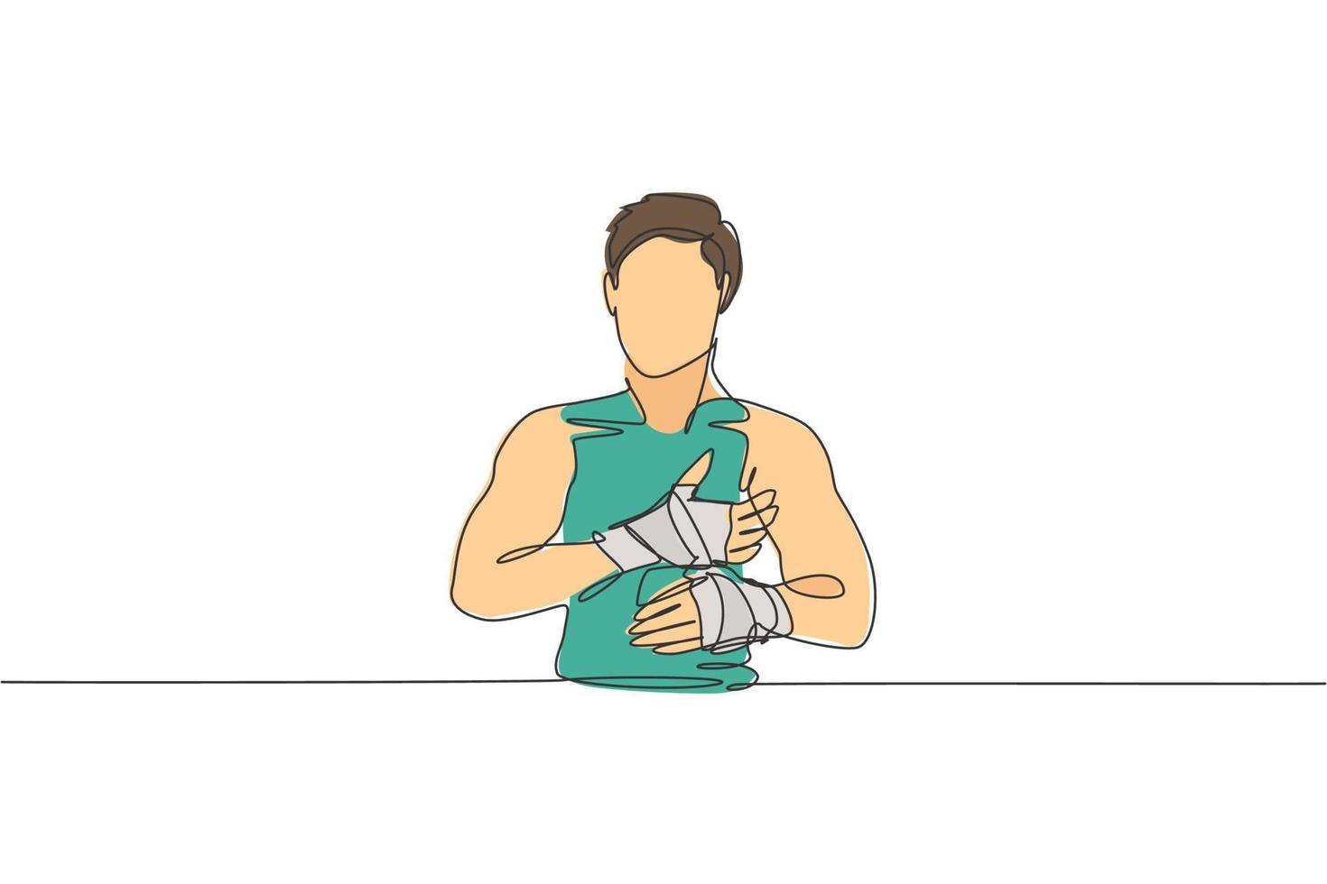 dessin en ligne continue d'un jeune homme sportif kickboxer envelopper une sangle de bandage pour préparer un combat dans la salle de sport. combattre le concept de sport de compétition. illustration vectorielle de conception de dessin à une ligne à la mode vecteur