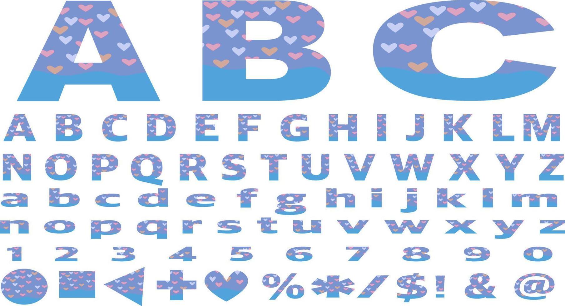 abc alphabet l'amour Police de caractère vecteur ensemble Capitale Anglais des lettres 0-9 nombre bleu rose cœur forme