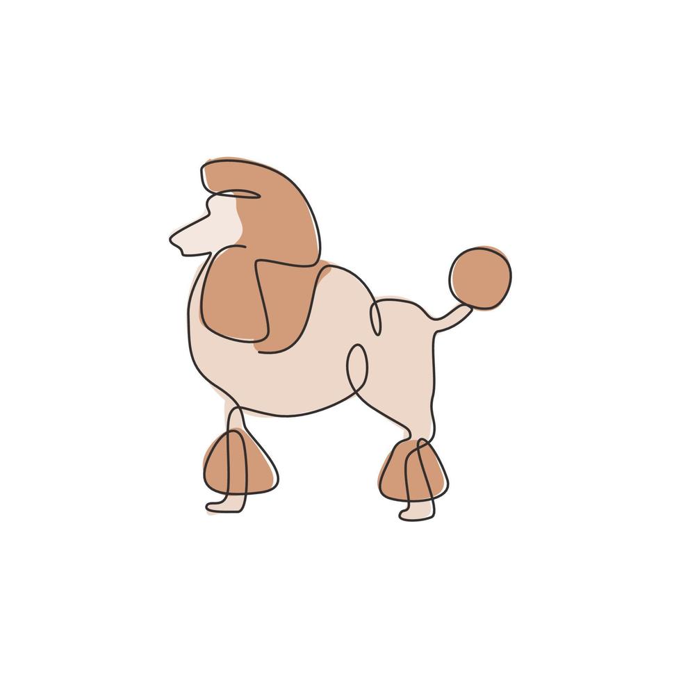 un dessin au trait continu d'un chien caniche mignon pour l'identité du logo de l'entreprise. concept de mascotte de chien de race pure pour l'icône d'animal familier amical de pedigree. Illustration vectorielle graphique de conception de dessin de ligne unique moderne vecteur