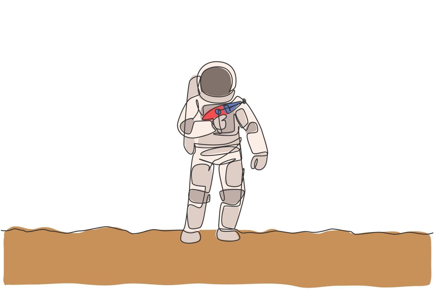 un seul dessin au trait d'un jeune astronaute tenant un pistolet laser spatial, préparez-vous à la guerre dans l'illustration graphique vectorielle de la surface de la lune. concept d'espace lointain de cosmonaute. conception de dessin de ligne continue moderne vecteur
