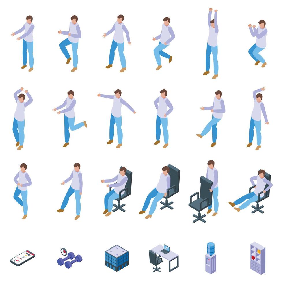 Bureau faire des exercices Icônes ensemble isométrique vecteur. ergonomique en forme vecteur