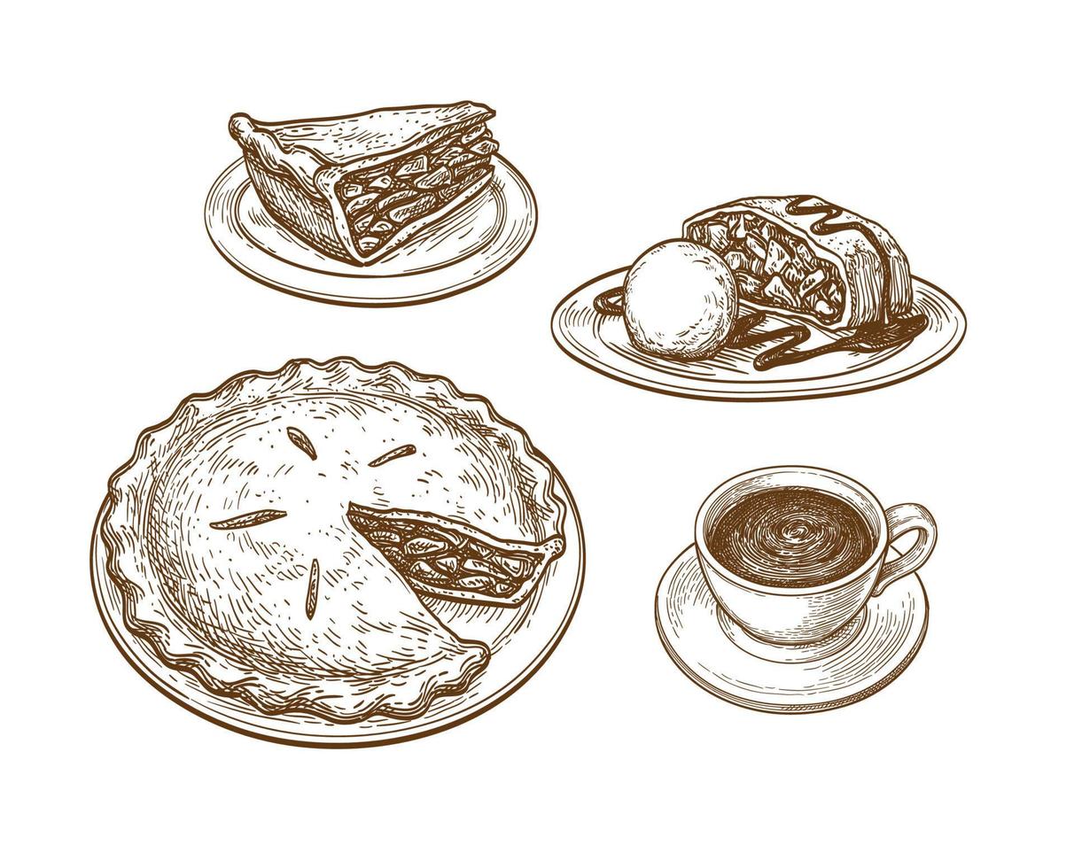 ensemble de desserts. Pomme tarte, strudel avec la glace crème et tasse de thé ou café. encre esquisser isolé sur blanc Contexte. main tiré vecteur illustration. rétro style.