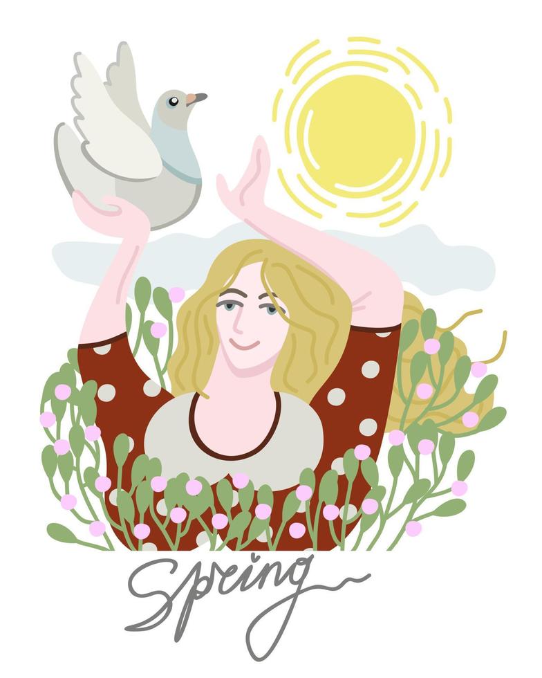 printemps. Jeune femme dans fleurs avec blanc pigeon, qui atteint en dehors à le Soleil. vecteur