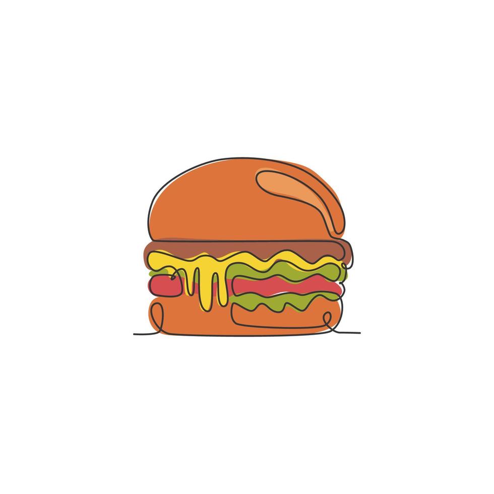 un dessin en ligne continu de l'emblème du logo du restaurant burger américain délicieux frais. concept de modèle de logo de magasin de café de hamburger de boeuf de restauration rapide. illustration vectorielle de dessin à une seule ligne moderne vecteur