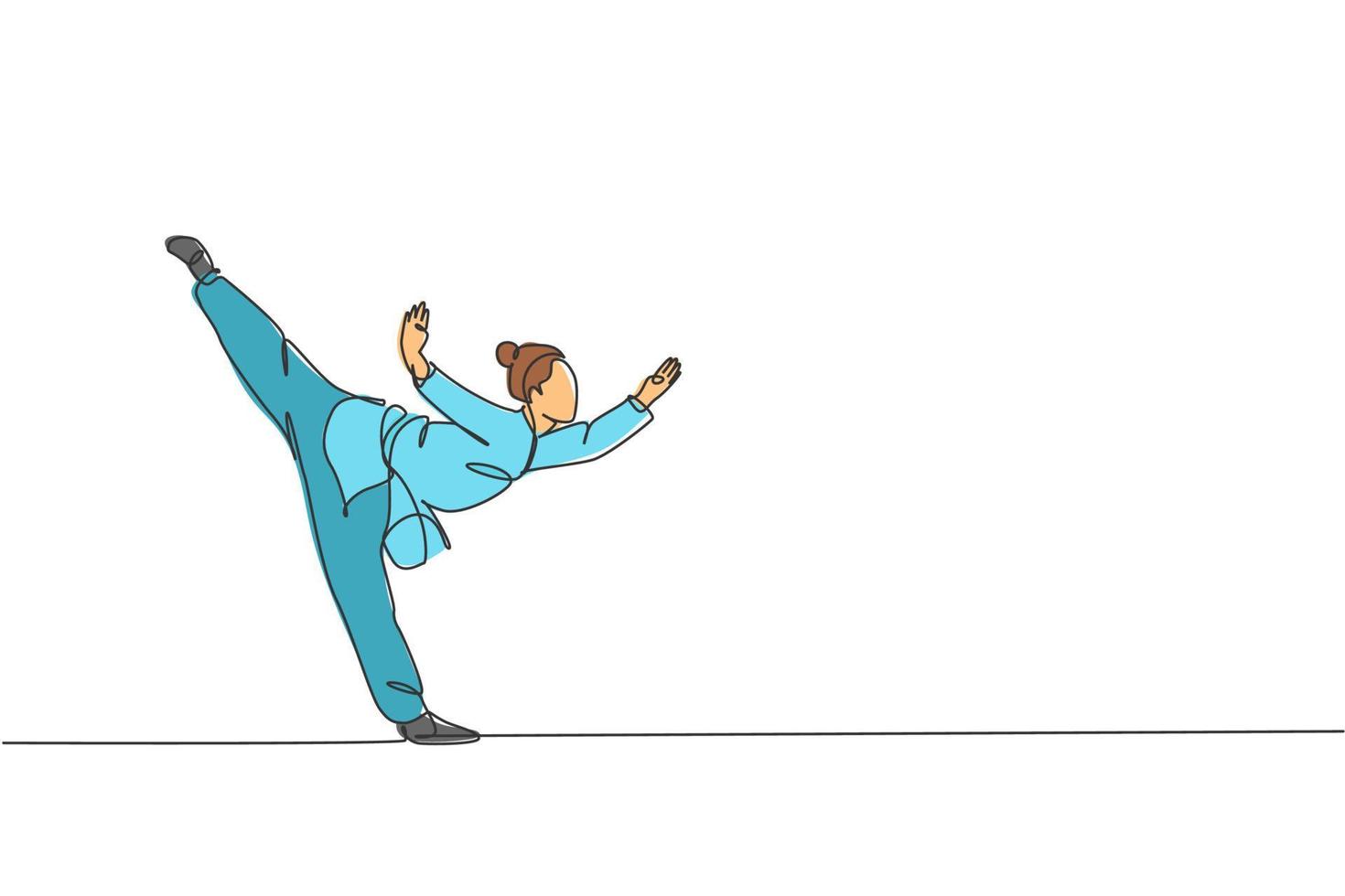 un dessin d'une seule ligne de jeune femme sur l'exercice de kimono wushu et la technique d'équilibre de position de kung fu sur l'illustration vectorielle du centre de gym. combattre le concept de sport d'art martial. conception de dessin en ligne continue vecteur