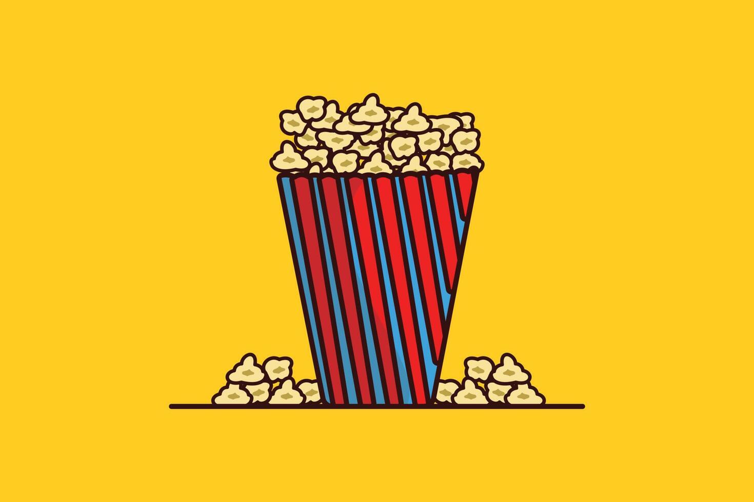 pop corn dans pop corn pack vecteur illustration. film cinéma icône concept. casse-croûte aliments. gros rouge bleu bande boîte avec pop corn vecteur conception avec ombre sur Jaune Contexte.