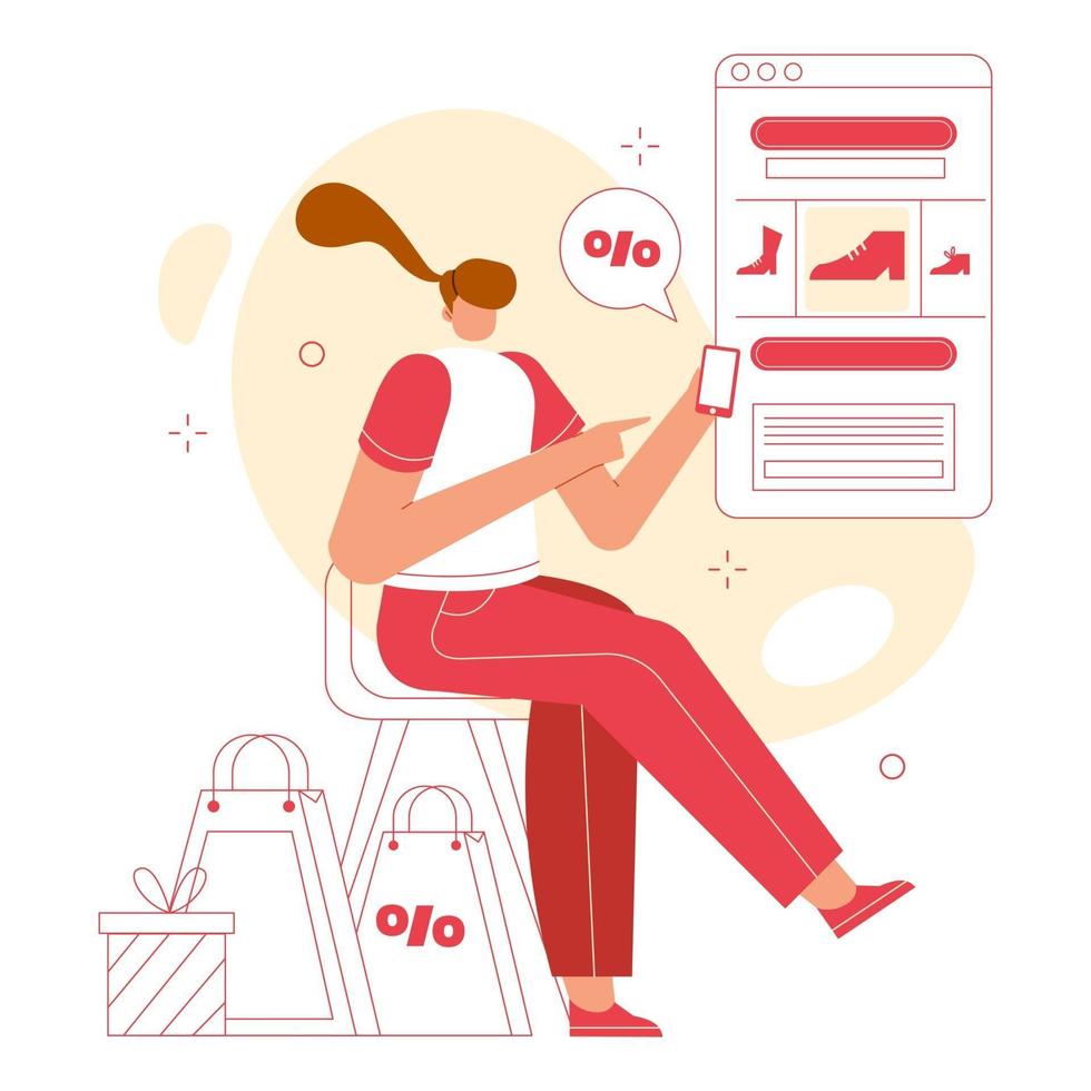 concept d'illustration vectorielle shopping en ligne. les femmes achètent des choses par téléphone. vecteur