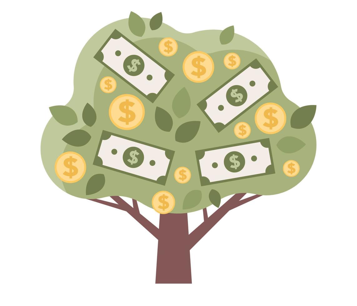 argent arbre avec pièces de monnaie et dollars. investissement, finance, banques icône. financier gestion, argent des économies et dépôt croissance concept. affaires concept. vecteur plat illustration