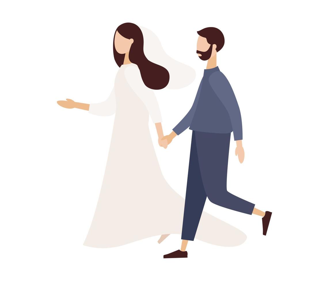 mariage couple en portant mains et marche. homme et femme relation. mariage, l'amour et relation concept. vecteur plat illustration
