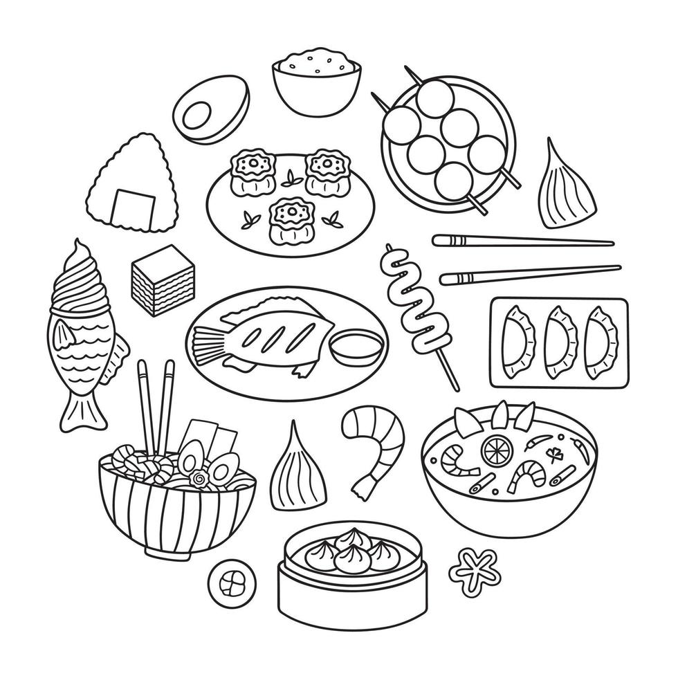 ensemble de doodle de cuisine asiatique. cuisine asiatique dans le style de croquis. illustration de vecteur dessiné à la main isolé sur fond blanc