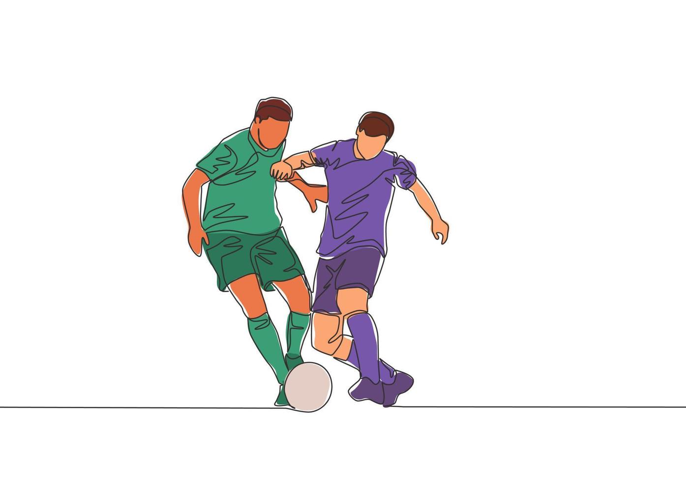 un continu ligne dessin de Jeune énergique Football joueur essayer à passer adversaire défenseur et But le Balle à le but. football rencontre des sports concept. Célibataire ligne dessiner conception vecteur illustration