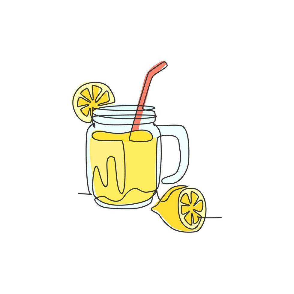 un dessin d'une seule ligne de glace de limonade fraîche sur un verre de bocal avec un graphique d'illustration vectorielle de citron en tranches. menu de café et concept de badge de restaurant. conception d'art de dessin en ligne continue moderne vecteur