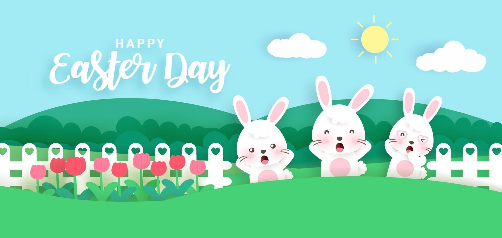 bannière du jour de Pâques avec de jolis lapins dans le jardin. papier découpé et style artisanal vecteur