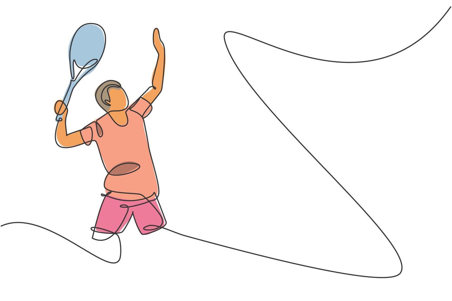 dessin en ligne continue d'un jeune joueur de tennis agile prêt à servir le ballon. concept d'exercice sportif. illustration vectorielle de dessin à la mode sur une ligne pour les médias de promotion du tournoi de tennis vecteur