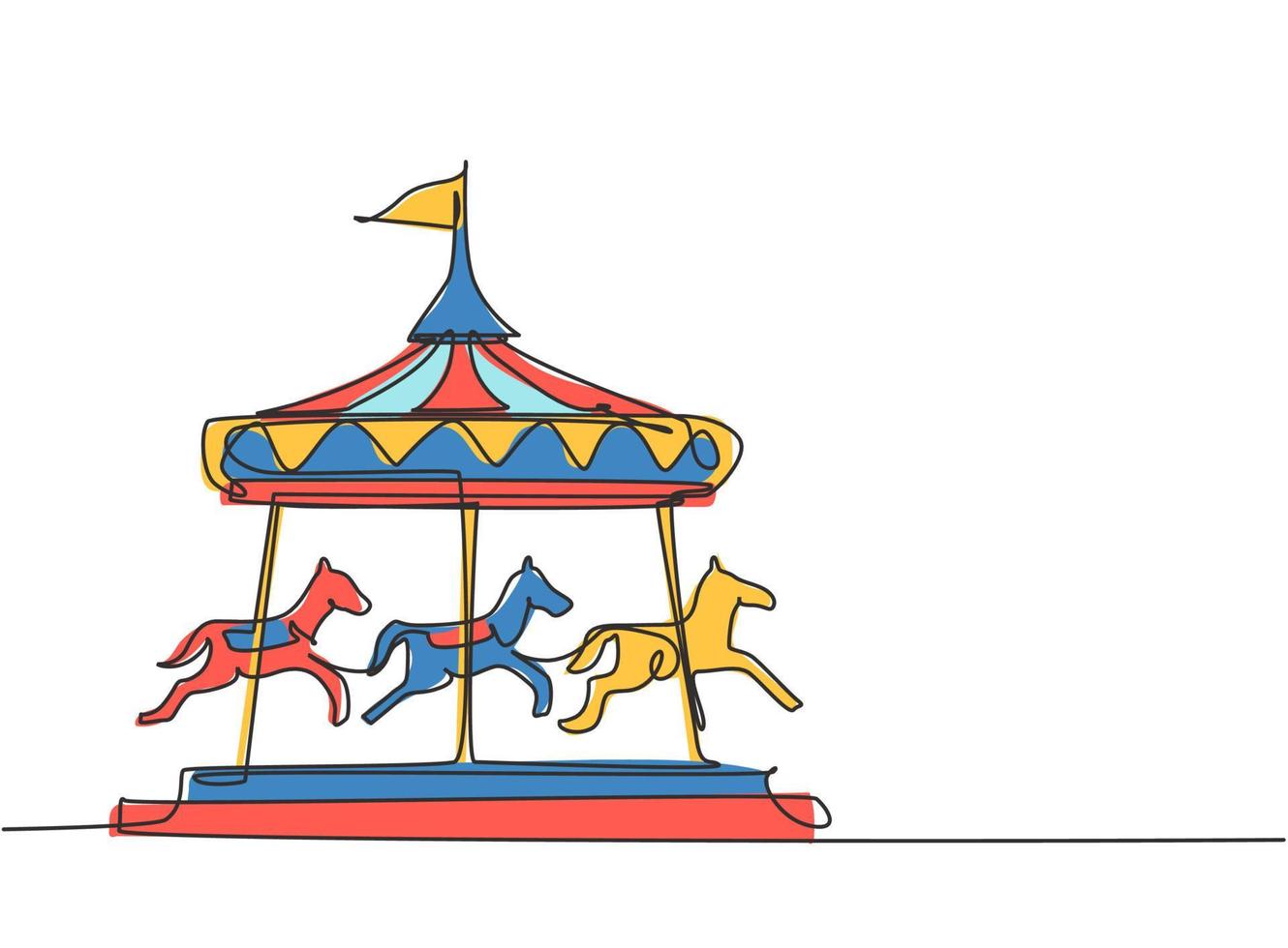 dessin d'une seule ligne continue d'un carrousel à chevaux dans un parc d'attractions avec des chevaux tournant sous la tente avec un drapeau. enfance heureuse. dynamique une ligne dessiner illustration vectorielle de conception graphique. vecteur