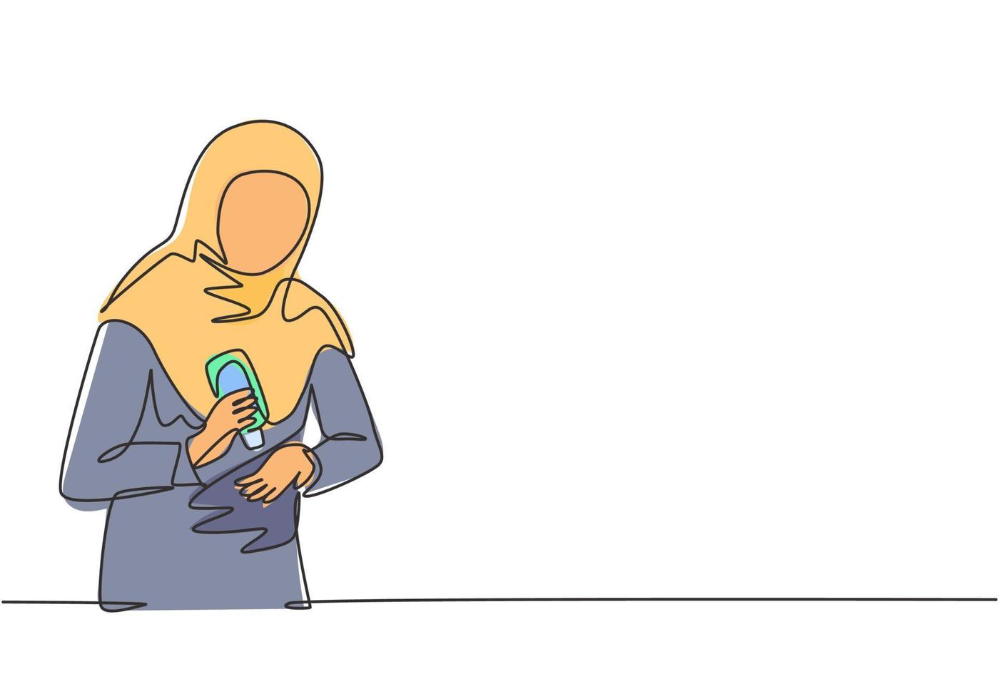dessin continu d'une ligne une femme portant un hijab verse un désinfectant pour les mains dans ses paumes pour éviter les bactéries et être plus hygiénique. protection contre le covid-19. illustration vectorielle de dessin à une seule ligne vecteur