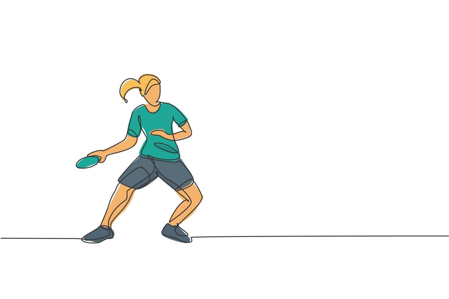 une seule ligne dessinant une jeune femme énergique joueuse de tennis de table a frappé l'illustration graphique vectorielle de balle. concept d'entraînement sportif. conception moderne de dessin en ligne continue pour la bannière du tournoi de ping pong vecteur