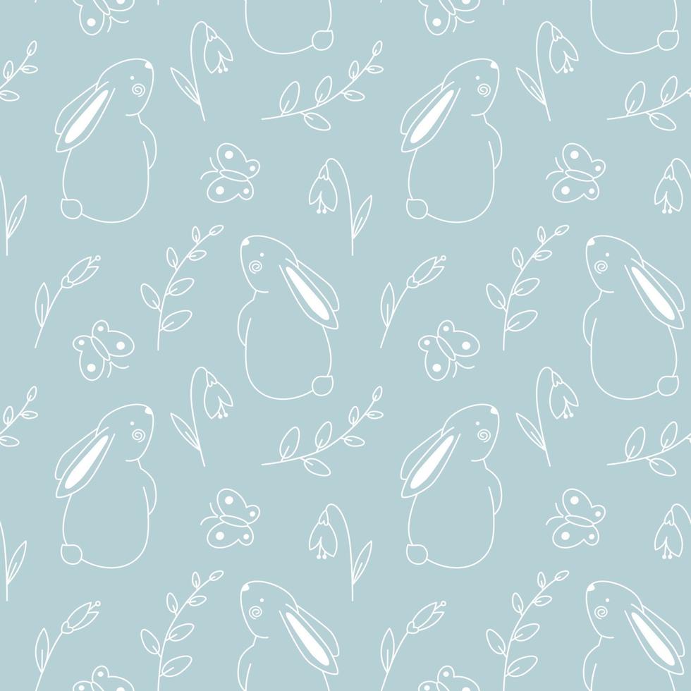 Pâques lapin sans couture modèle griffonnage vecteur conception. mignonne lapin, printemps perce-neige fleurs et papillons blanc contour dessin sur lumière bleu Contexte.