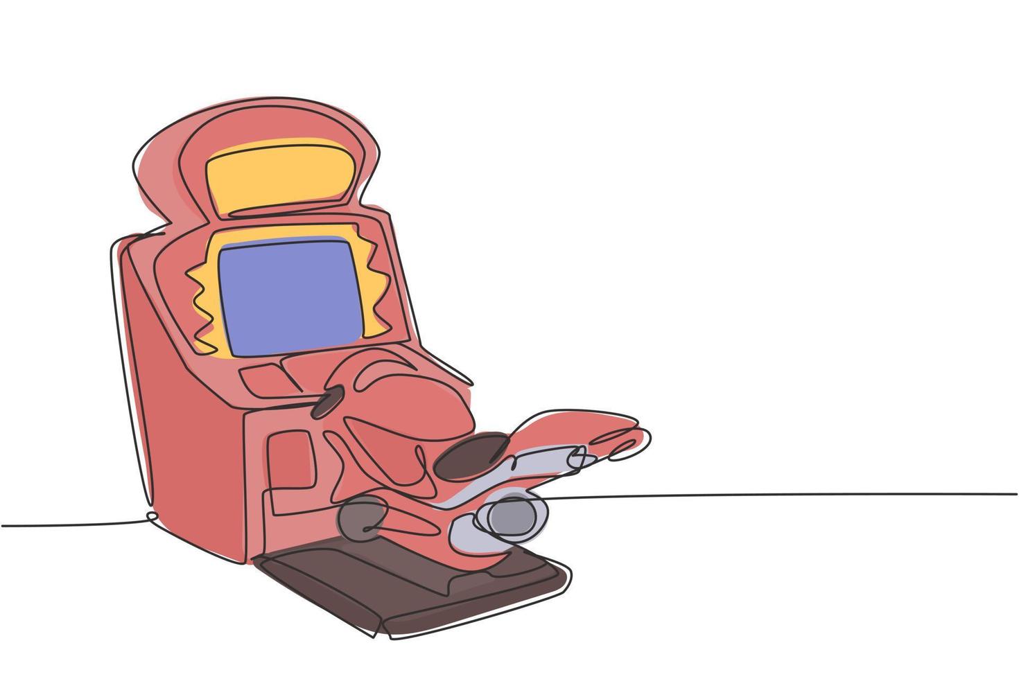 un dessin au trait continu d'une vieille machine de jeu vidéo de course de moto classique rétro. Jeu d'arcade vintage item concept ligne unique dessiner design graphique d'illustration vectorielle vecteur