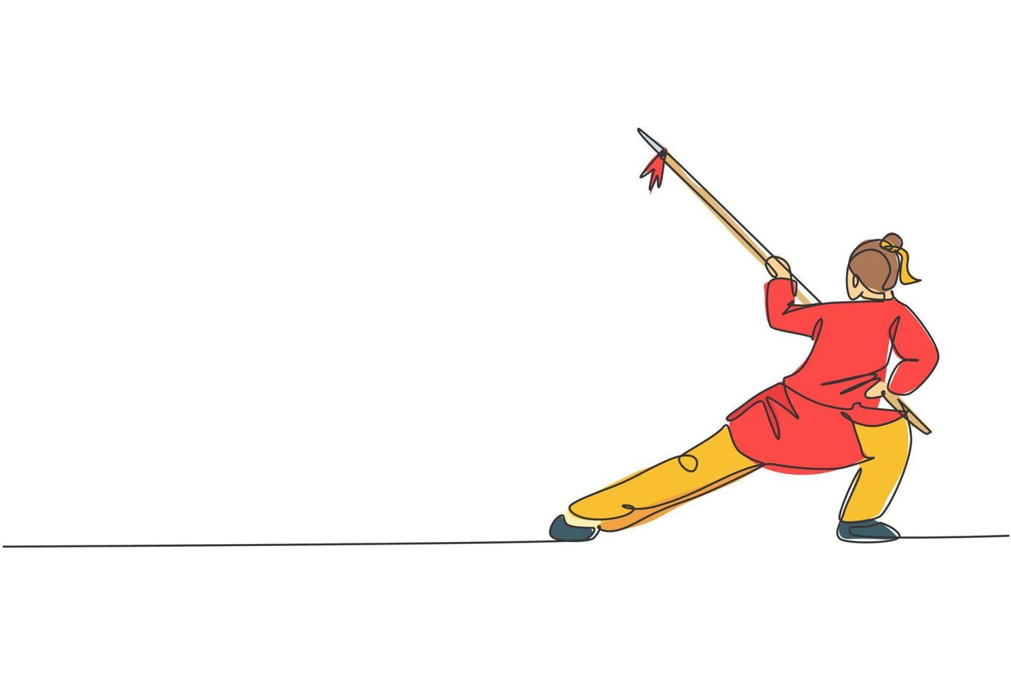 un seul dessin de ligne de jeune femme sur l'exercice de kimono wushu art martial, technique de kung fu avec lance sur l'illustration vectorielle du centre de gym. concept de sport de combat. conception moderne de dessin en ligne continue vecteur